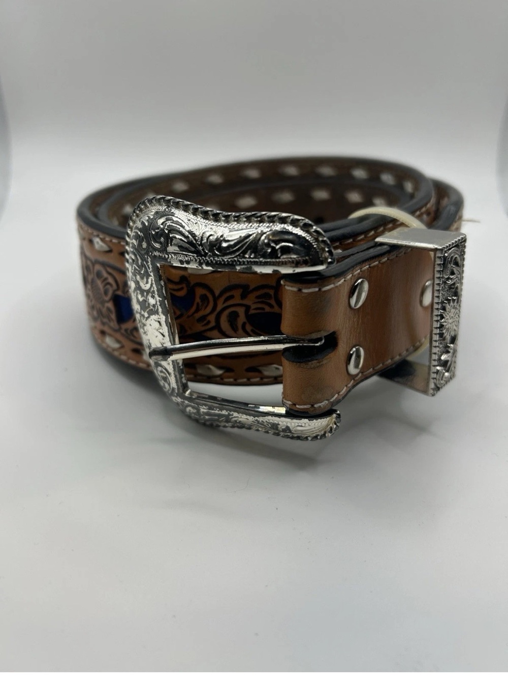 Nocona Belt Co. Tooled Floral Leather Belt - Tan with Navy Accents/ with buckle